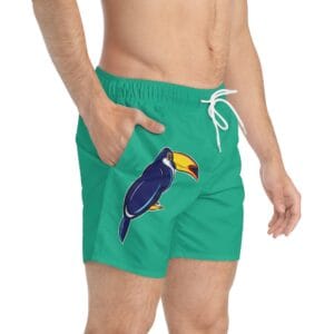 Toucan Green Swim Trunks — Tropical AOP Beach Shorts